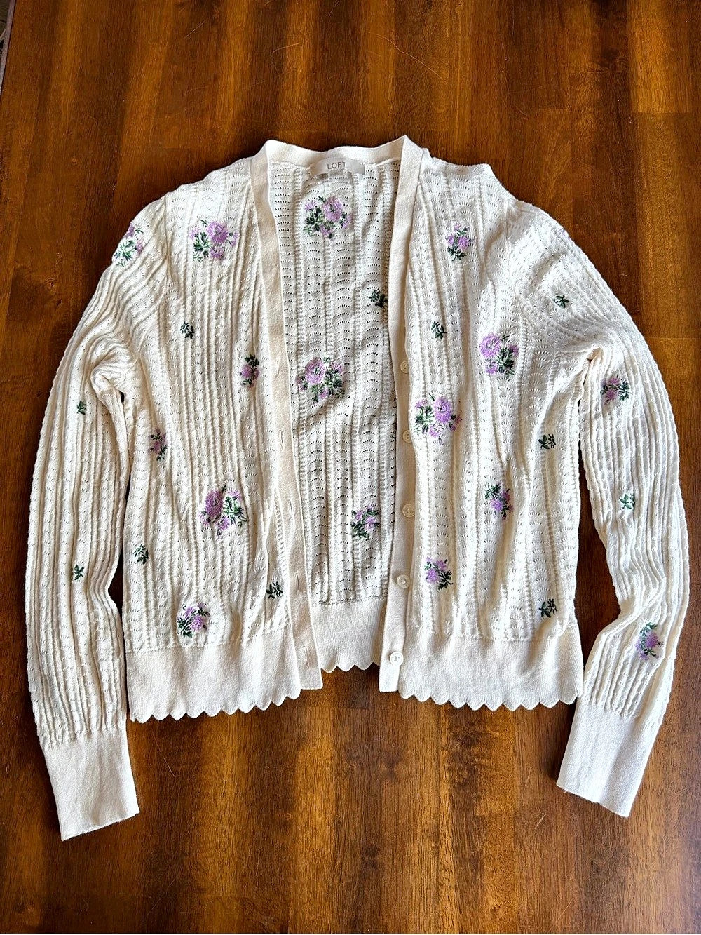 LOFT Floral Embroidered Pointelle Cardigan White & Purple Medium